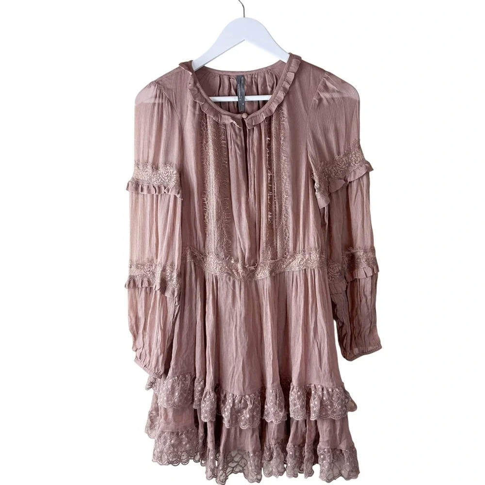 By Anthropologie Lace Pleated Mini Dress Long Sleeve Tiered Brown‎ Dress Sz XS